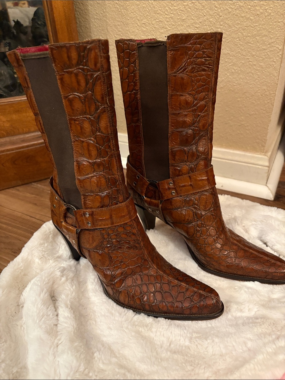 Donald J Pliner Brown Croc-Embossed Mid-Calf Heeled Boots. Excellent condition.